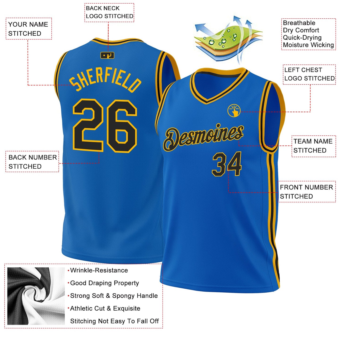 Custom Blue Black-Gold Authentic Throwback Basketball Jersey view 3