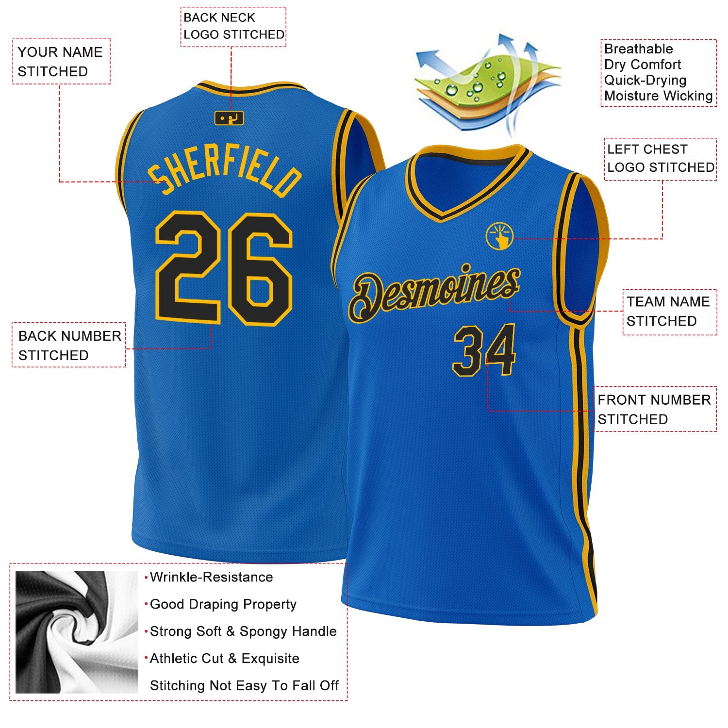 Custom Blue Black-Gold Authentic Throwback Basketball Jersey view 3