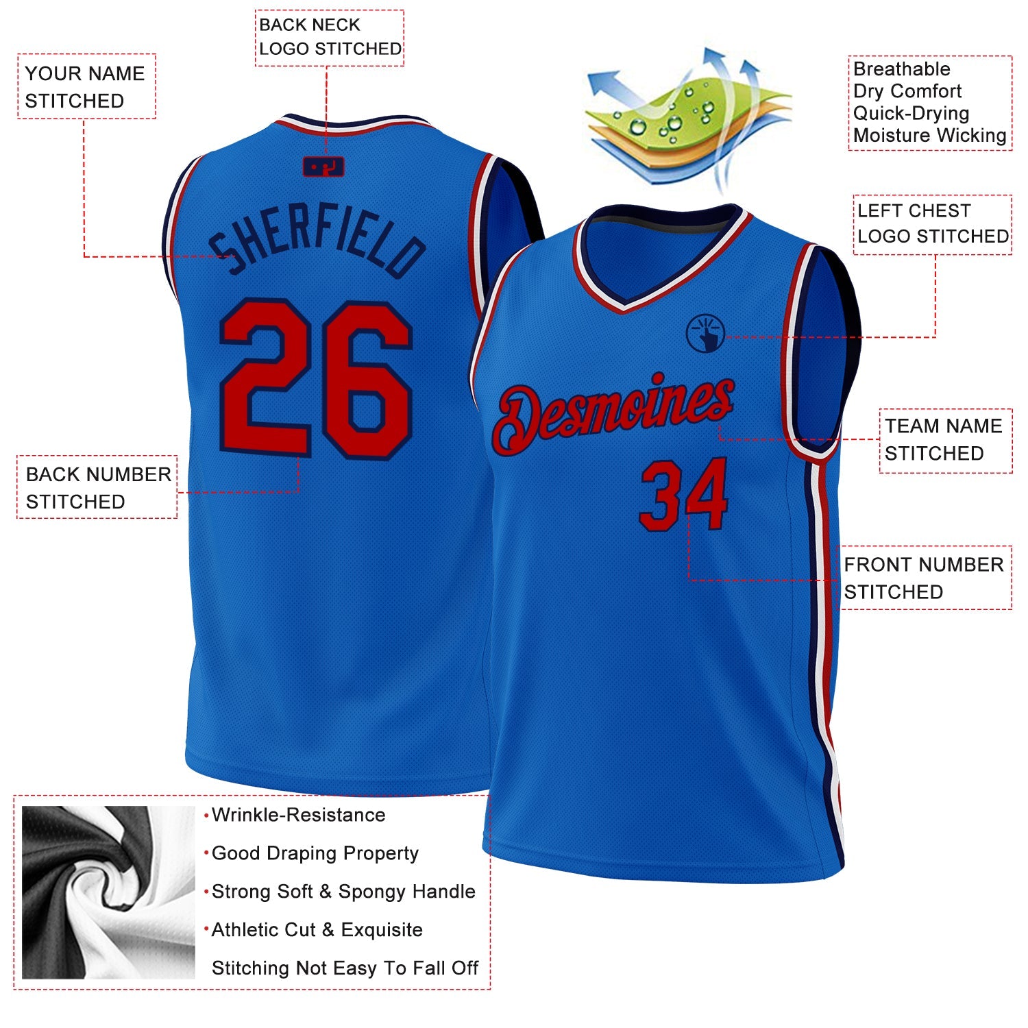 Custom Blue Red-Navy Authentic Throwback Basketball Jersey view 3