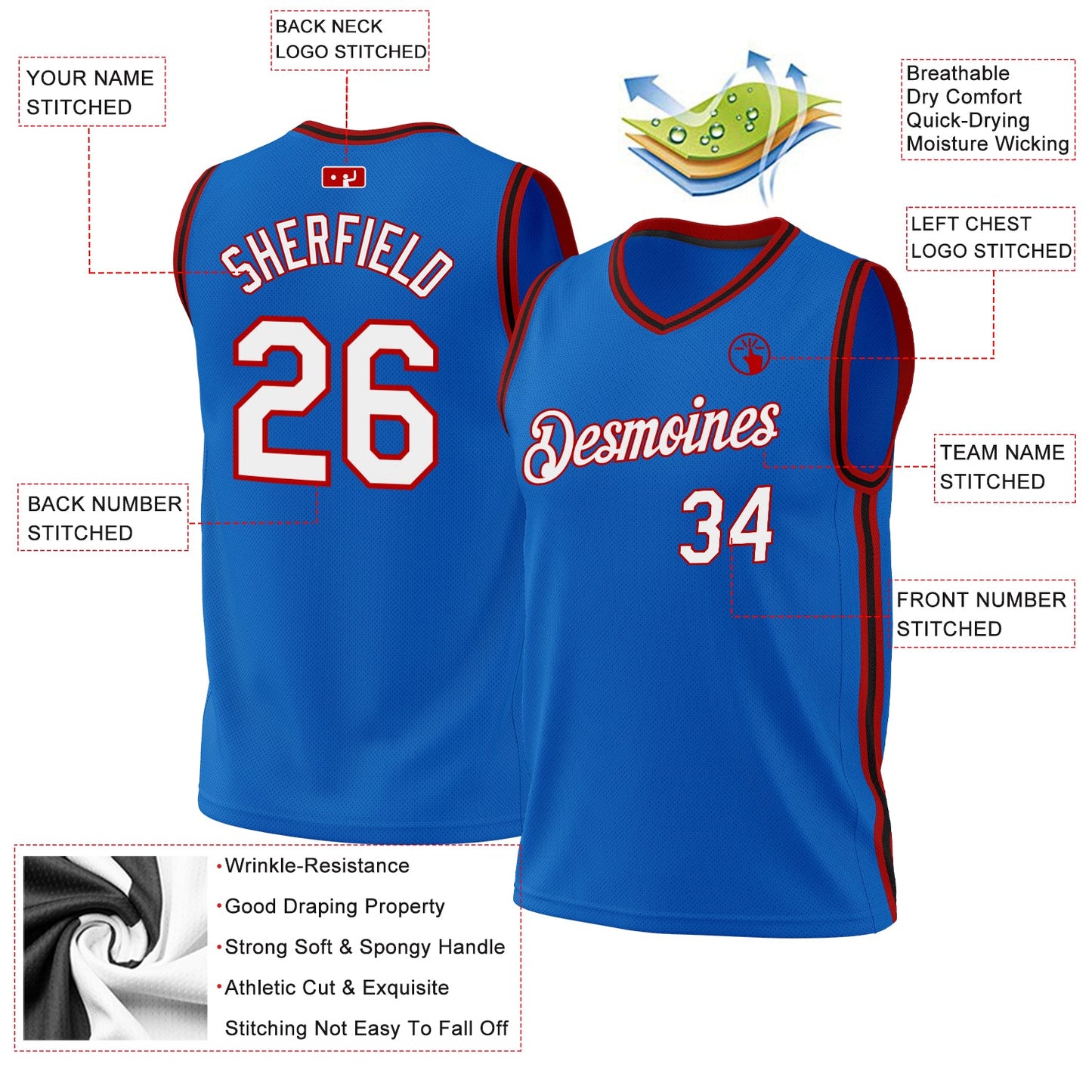 Custom Blue Red-Black Authentic Throwback Basketball Jersey view 3