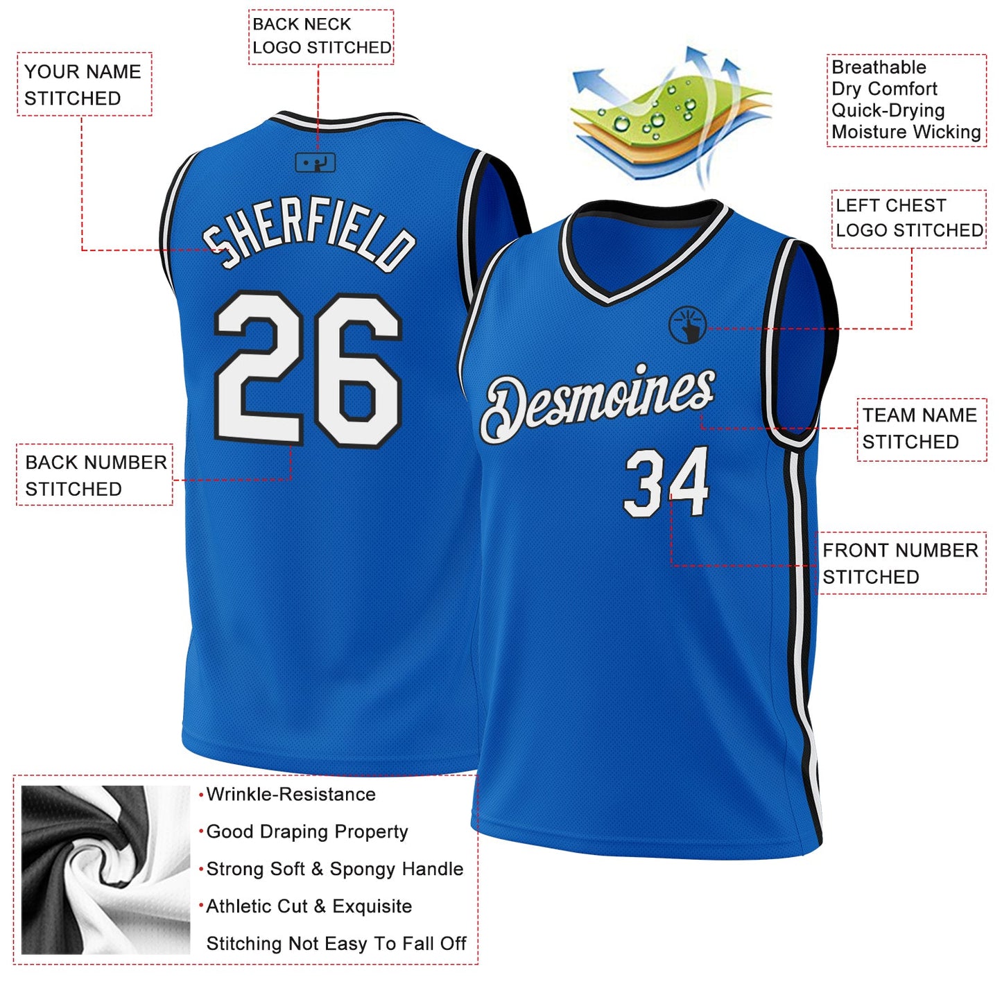 Custom Blue White-Black Authentic Throwback Basketball Jersey view 3