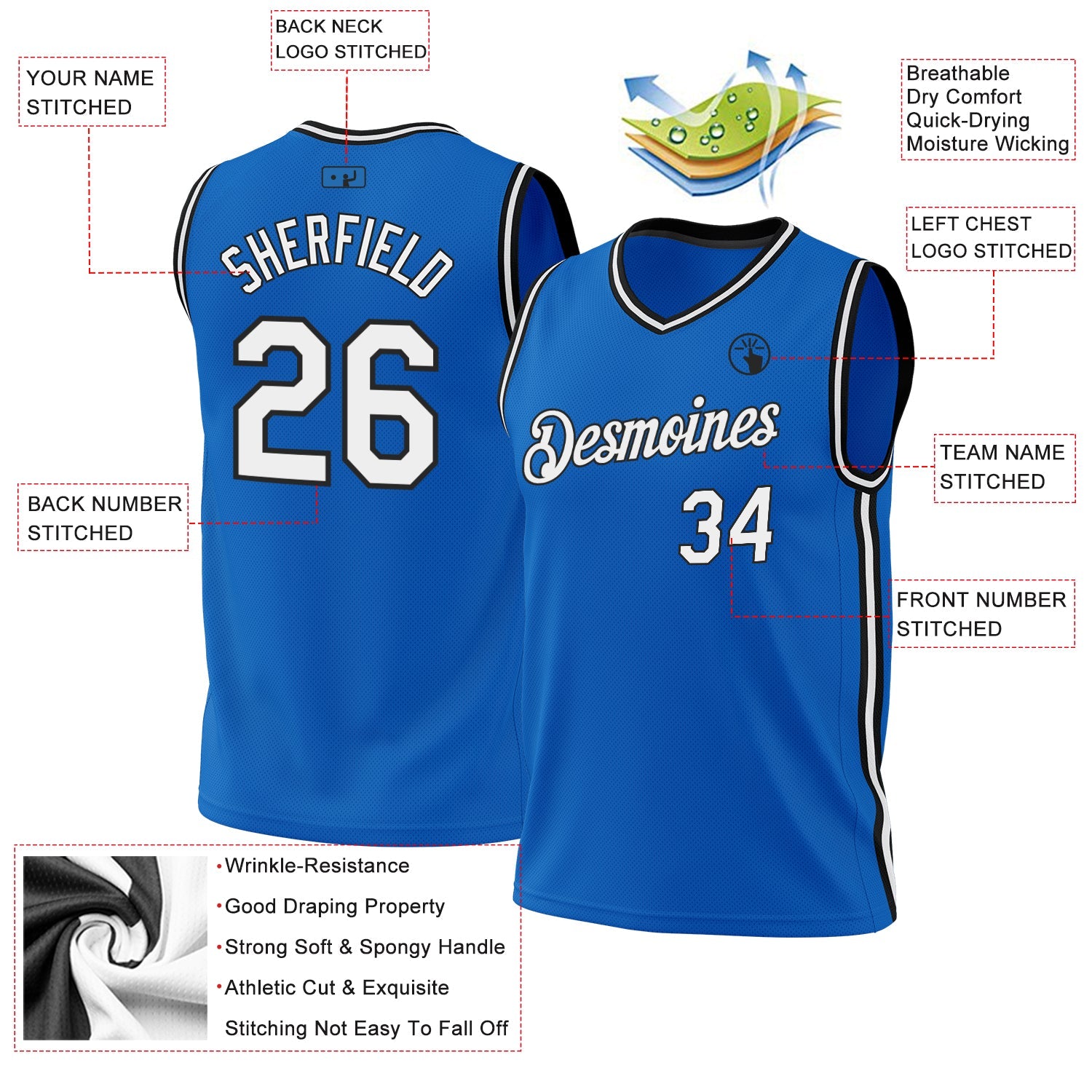 Custom Blue White-Black Authentic Throwback Basketball Jersey view 3
