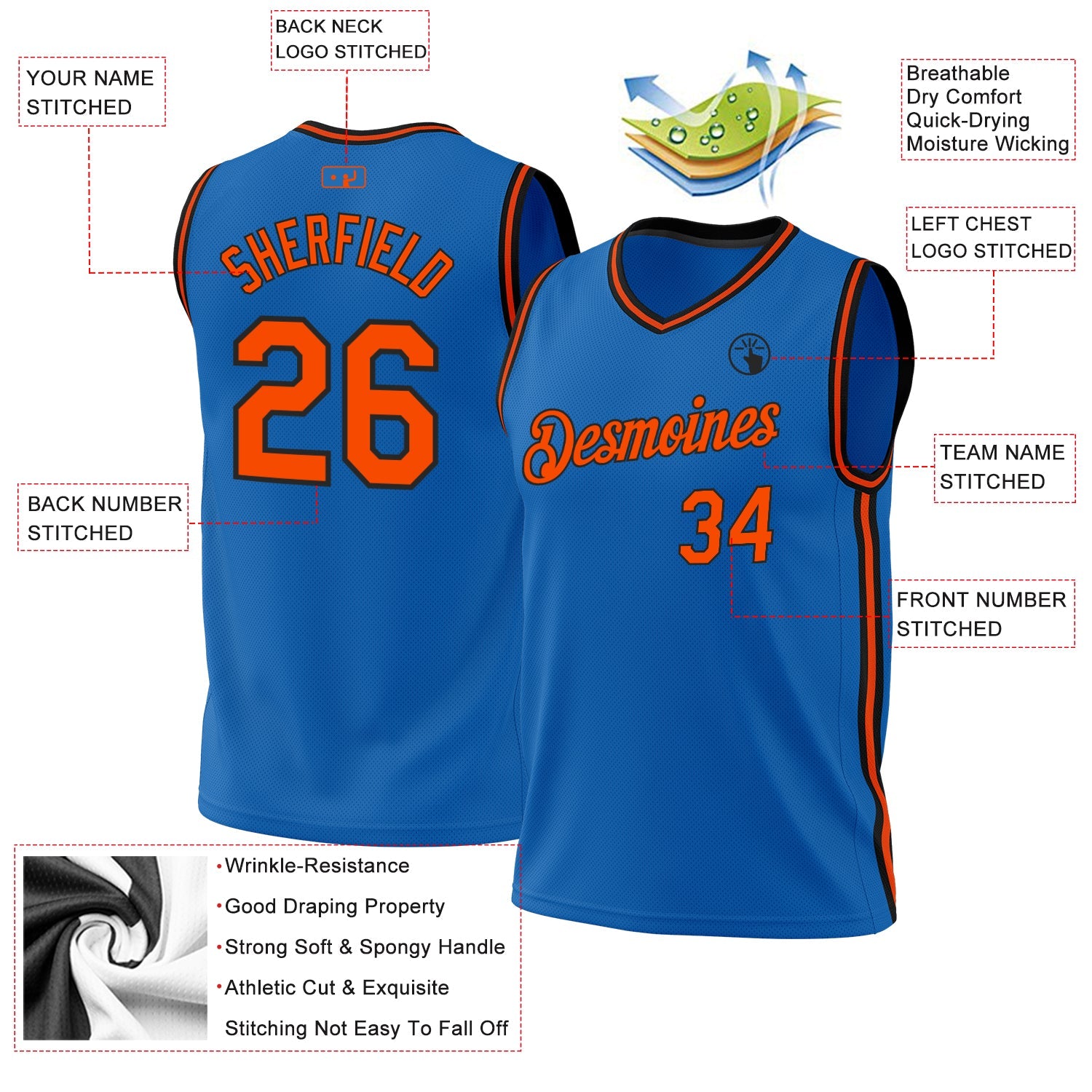 Custom Blue Orange-Black Authentic Throwback Basketball Jersey view 3