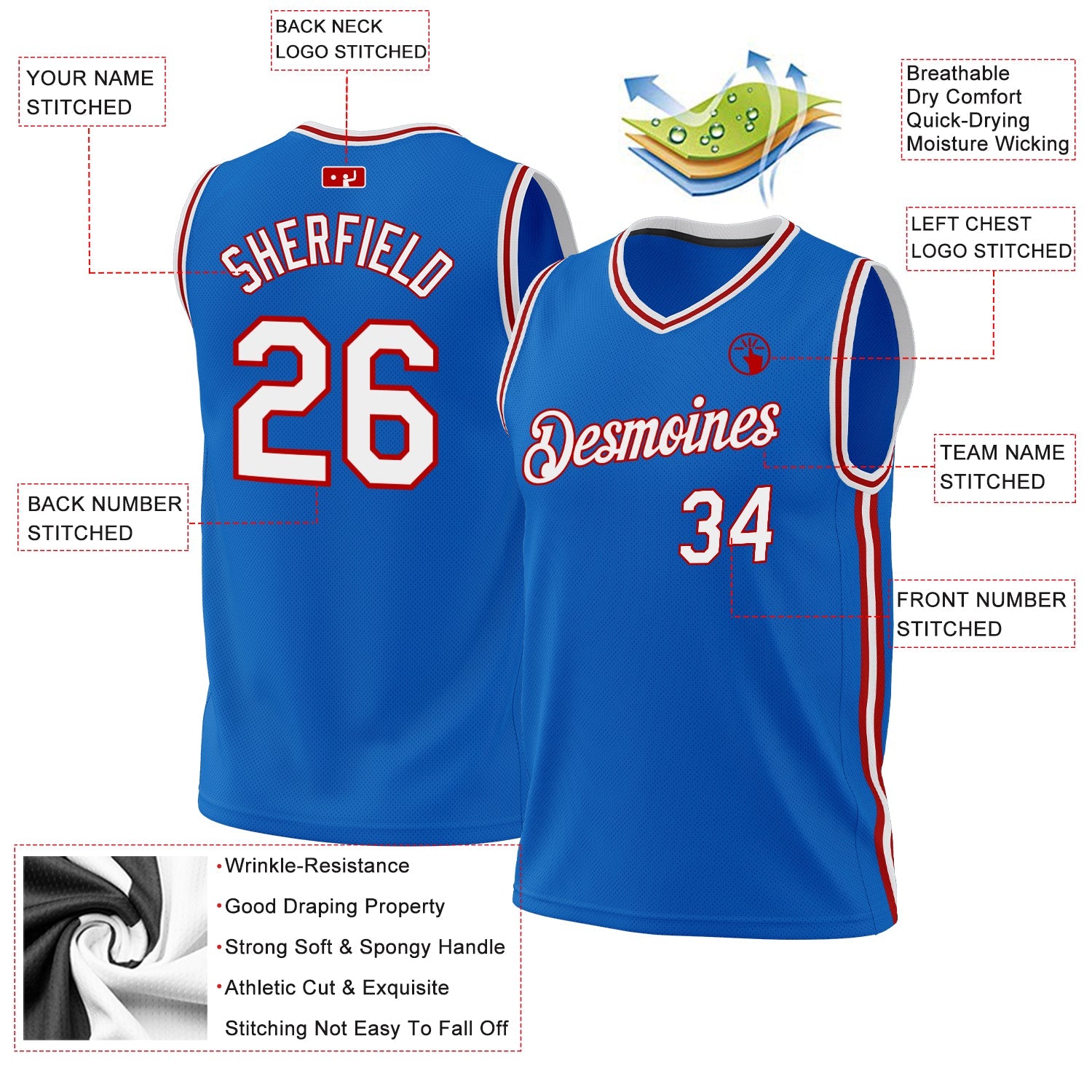 Custom Blue White-Red Authentic Throwback Basketball Jersey view 3