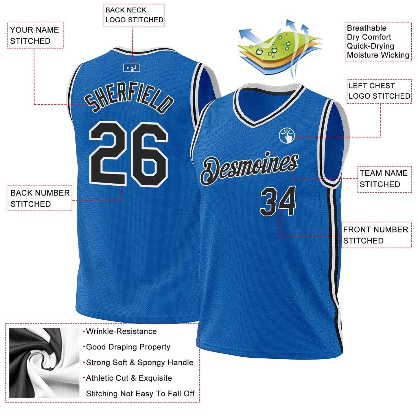 Custom Blue Black-White Authentic Throwback Basketball Jersey view 3