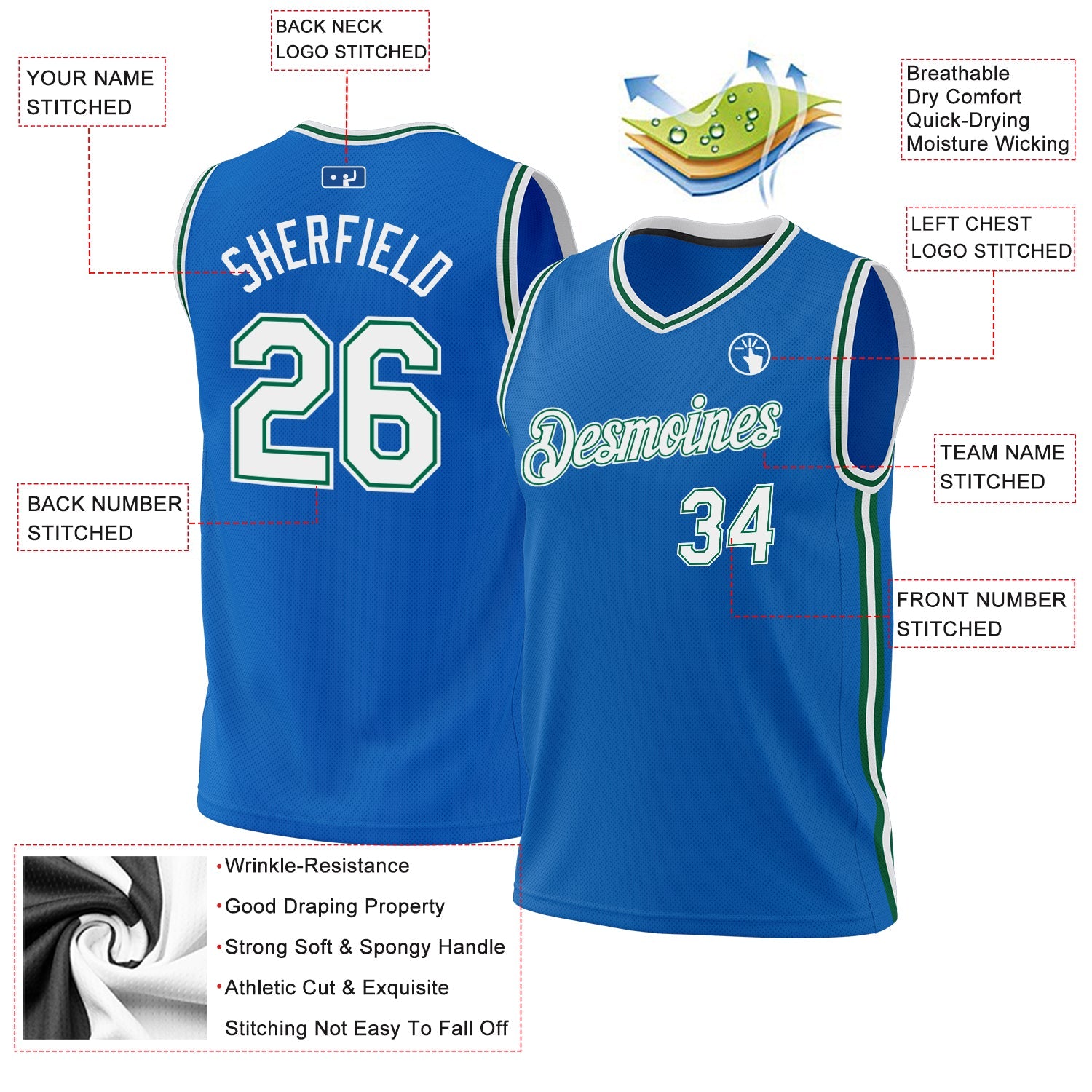 Custom Blue White-Kelly Green Authentic Throwback Basketball Jersey view 3