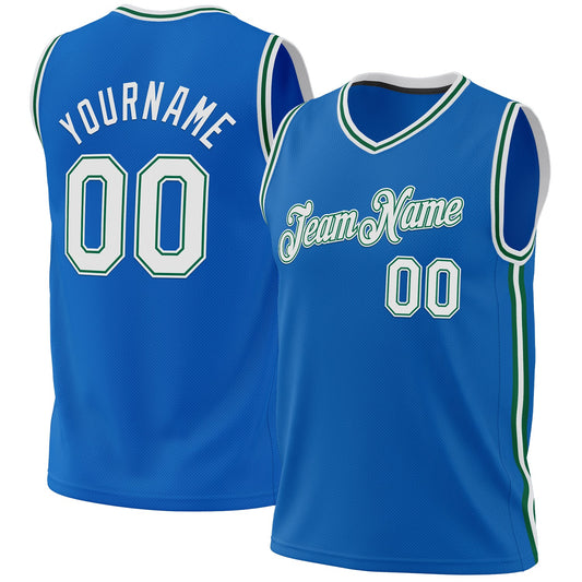 Custom Blue White-Kelly Green Authentic Throwback Basketball Jersey - Main View