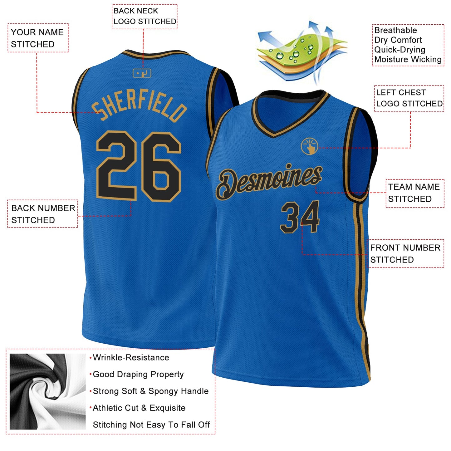 Custom Blue Black-Old Gold Authentic Throwback Basketball Jersey view 3