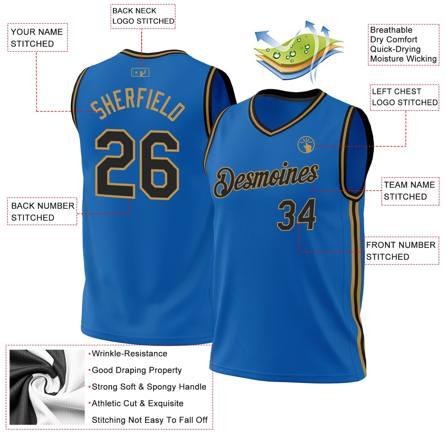 Custom Blue Black-Old Gold Authentic Throwback Basketball Jersey view 3