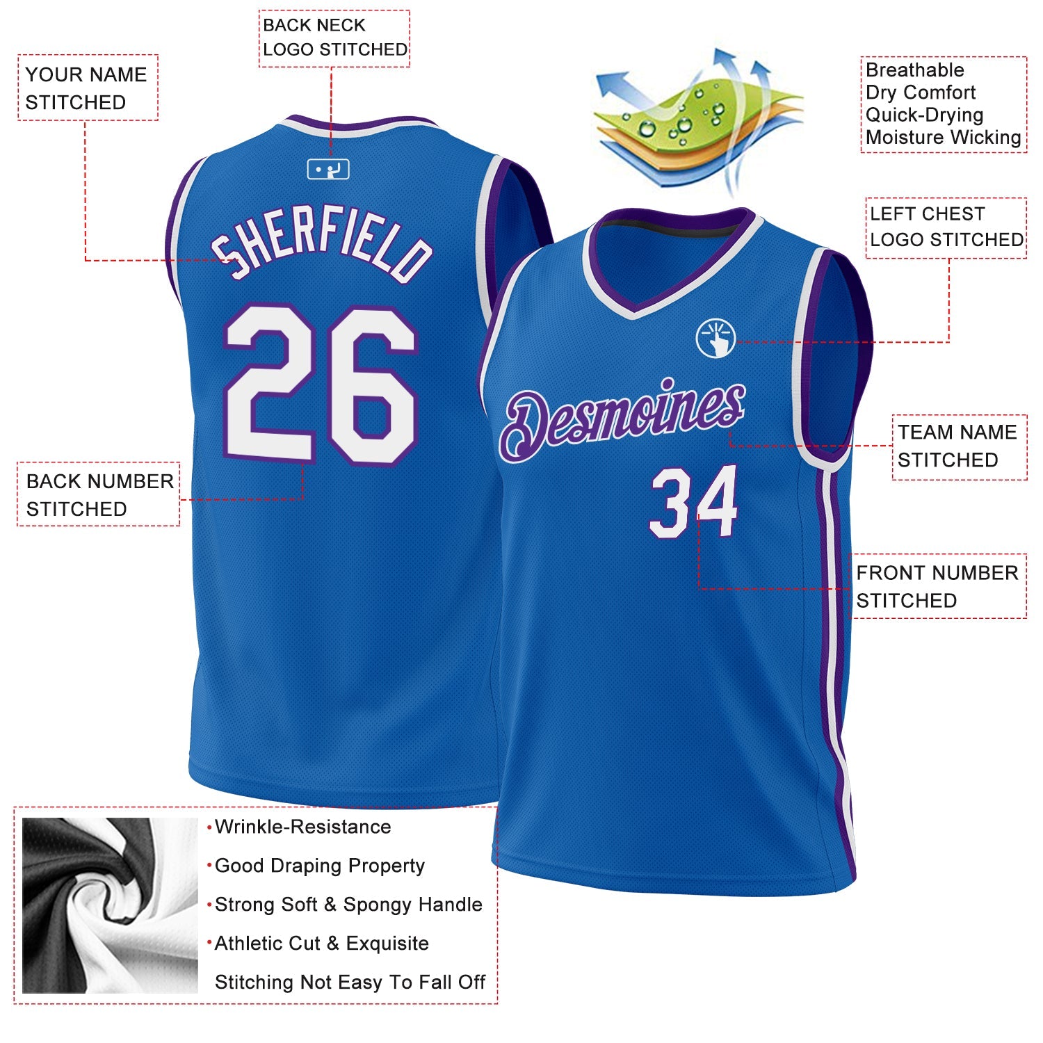 Custom Blue White-Purple Authentic Throwback Basketball Jersey view 3