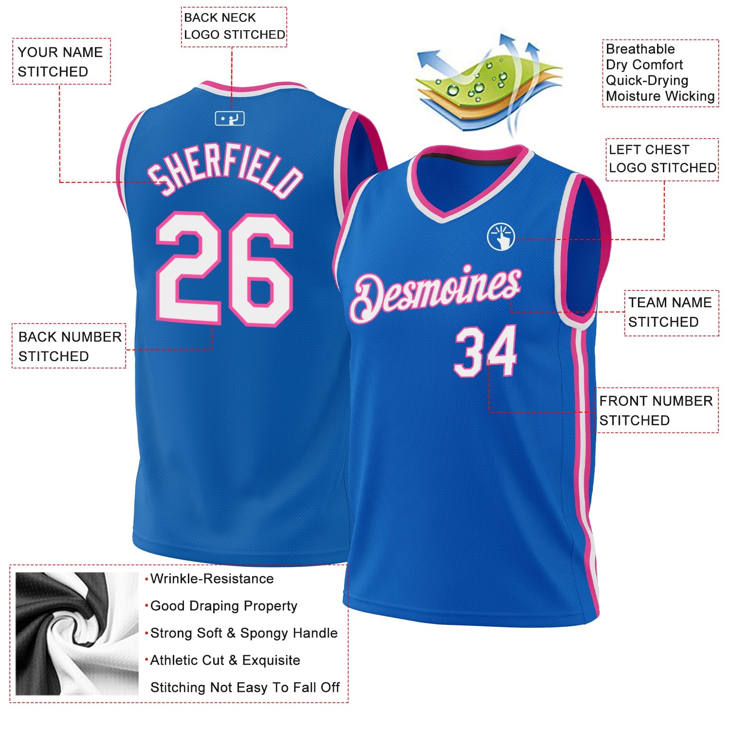 Custom Blue White-Pink Authentic Throwback Basketball Jersey view 3