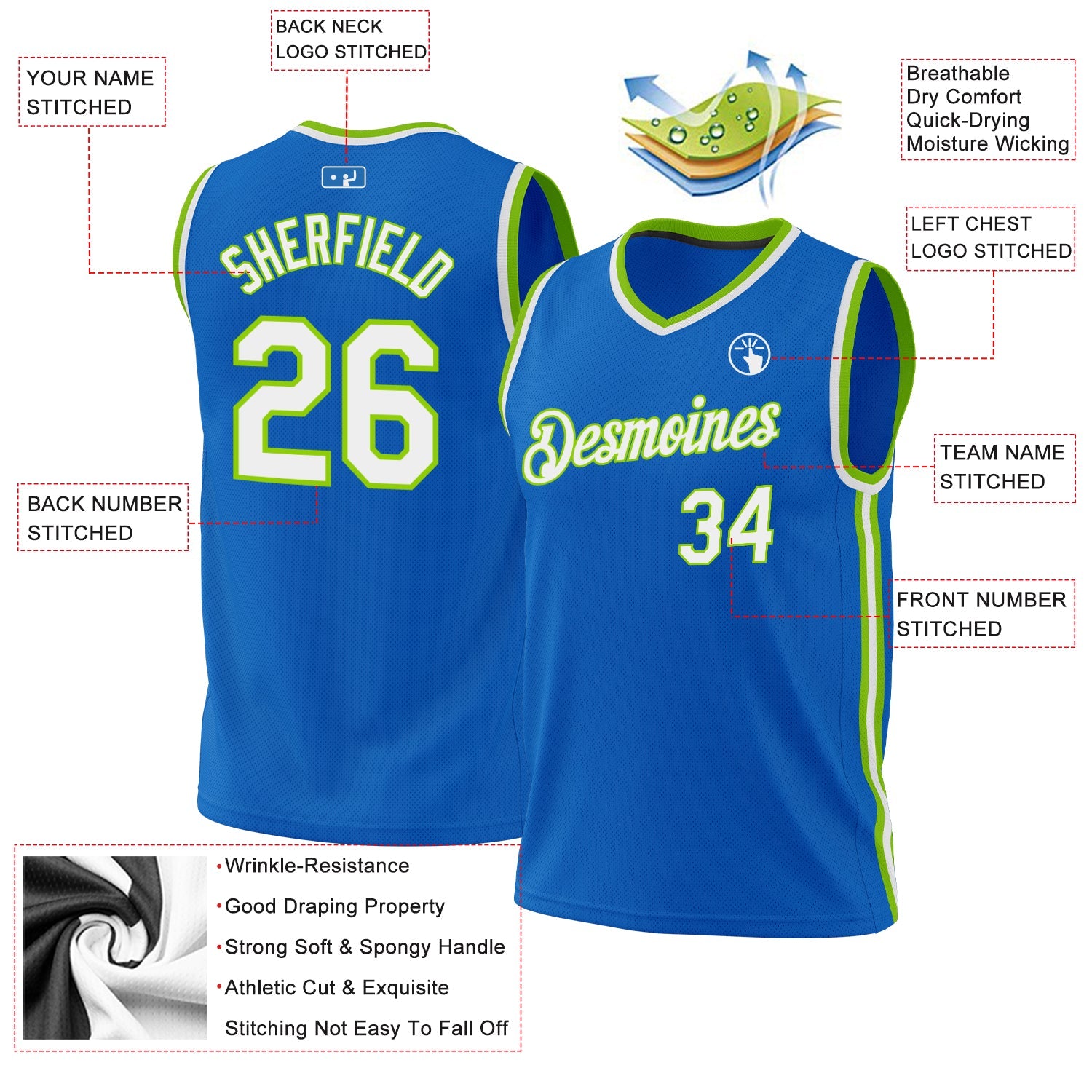 Custom Blue White-Neon Green Authentic Throwback Basketball Jersey view 3