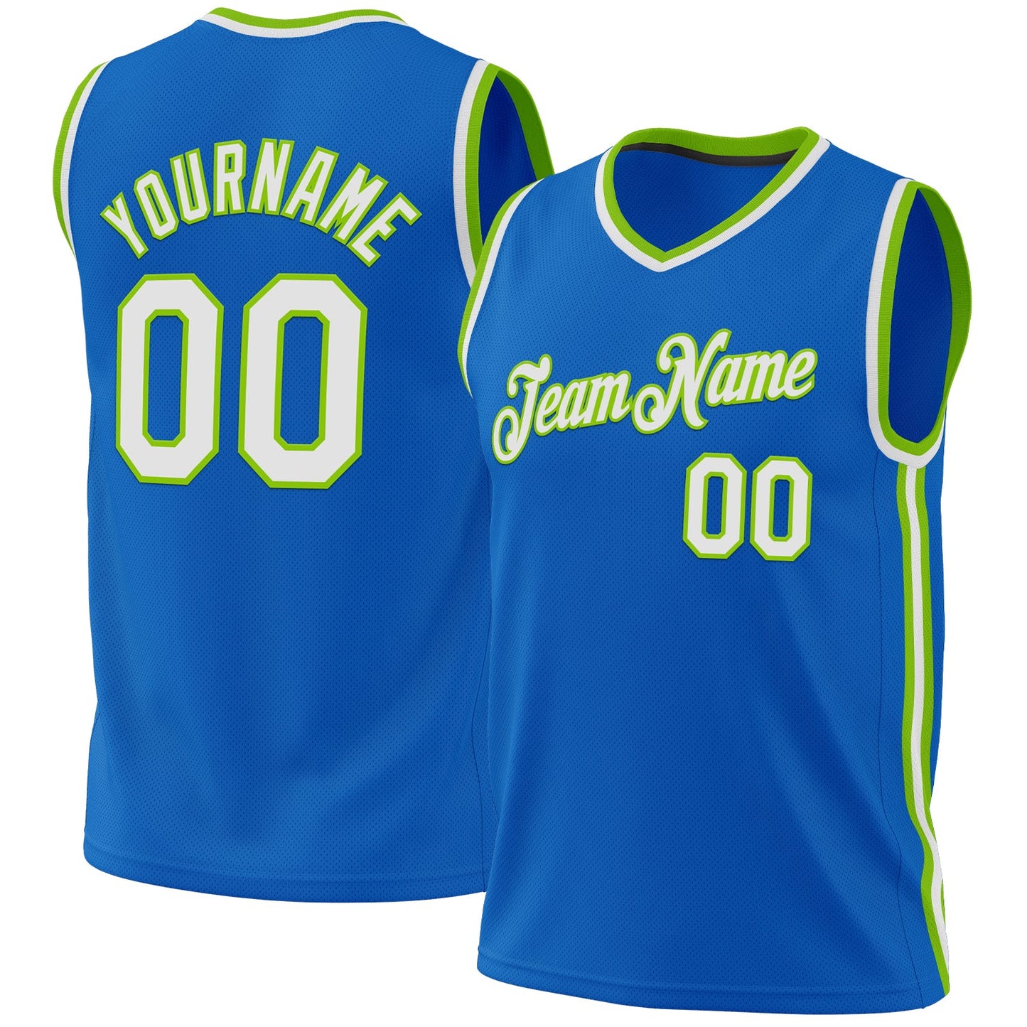 Custom Blue White-Neon Green Authentic Throwback Basketball Jersey - Main View