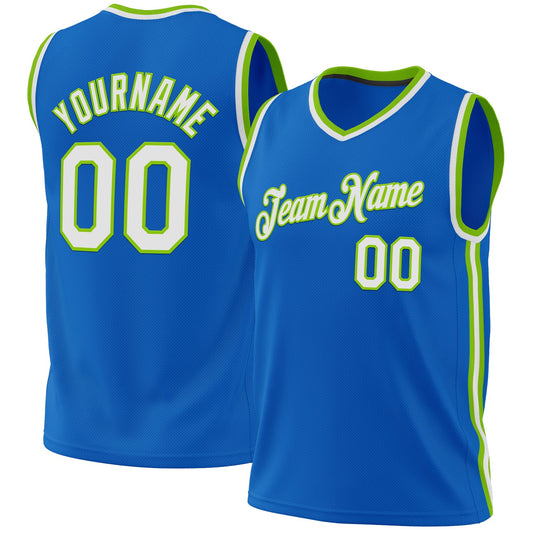 Custom Blue White-Neon Green Authentic Throwback Basketball Jersey - Main View