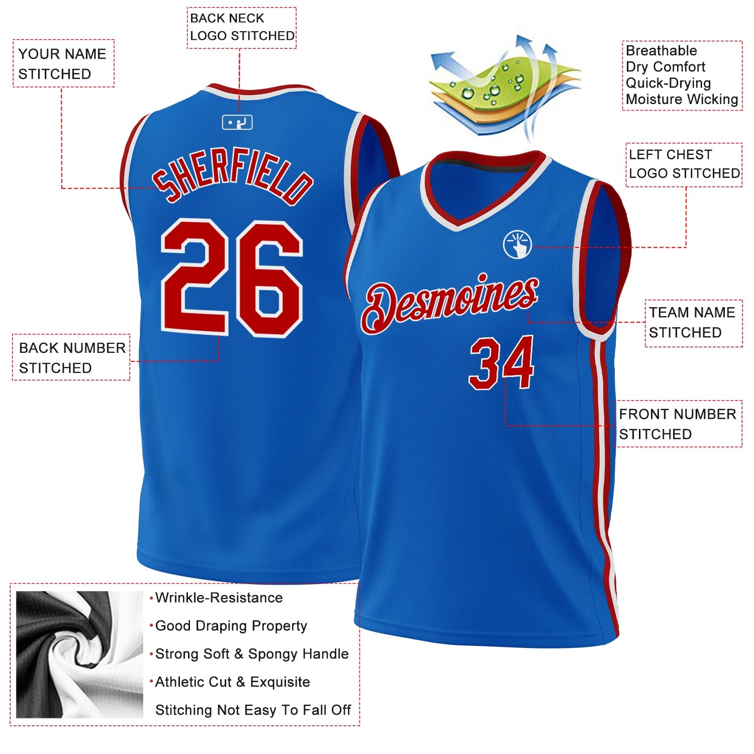 Custom Blue Red-White Authentic Throwback Basketball Jersey view 3