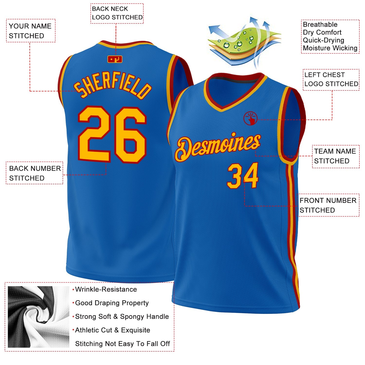 Custom Blue Gold-Red Authentic Throwback Basketball Jersey view 3