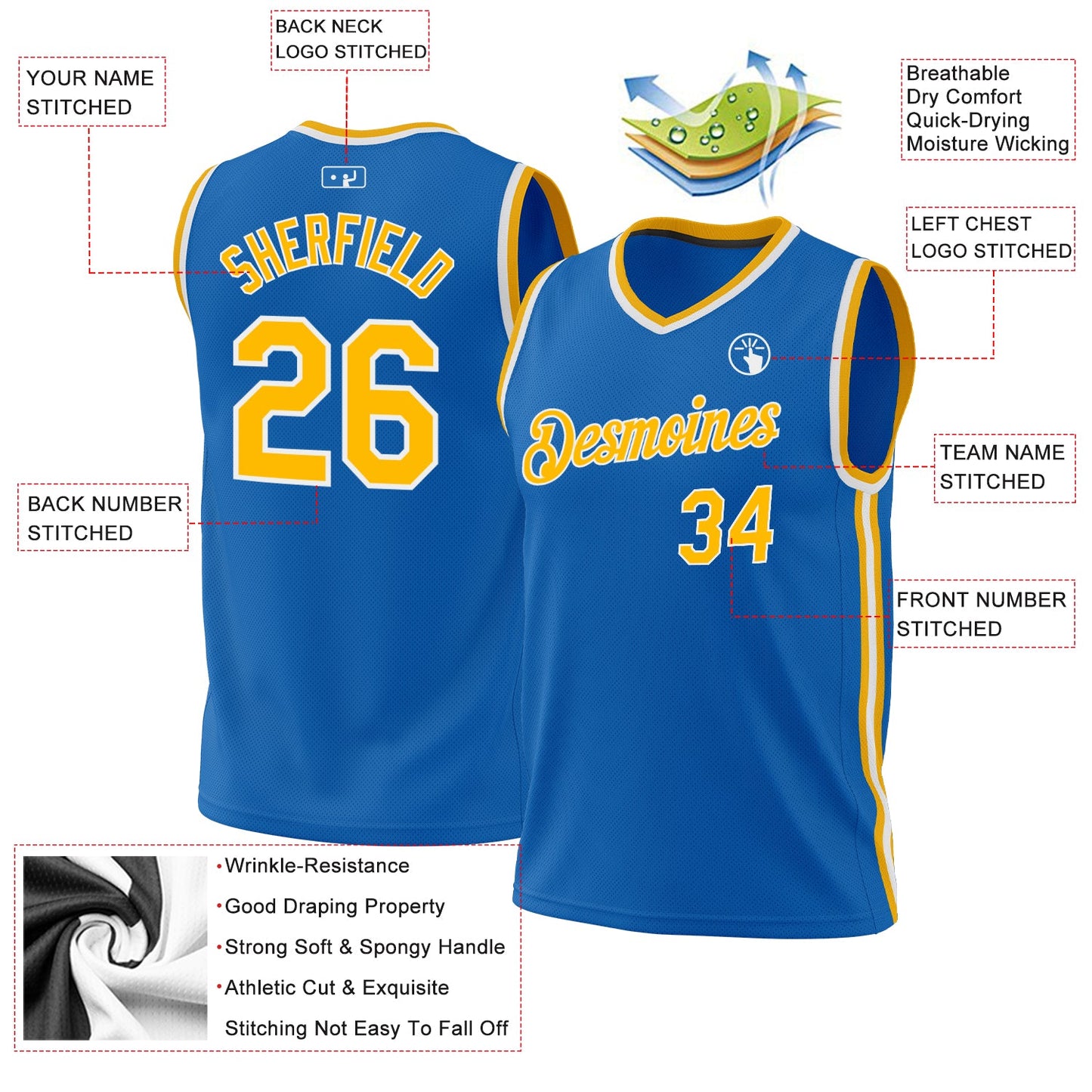 Custom Blue Gold-White Authentic Throwback Basketball Jersey view 3
