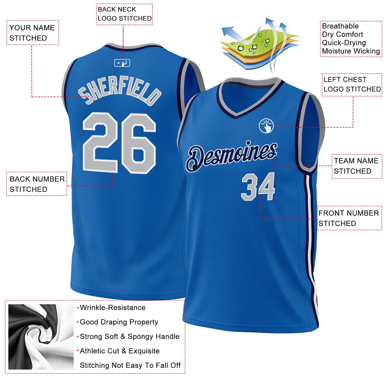 Custom Blue Gray-Navy Authentic Throwback Basketball Jersey view 3