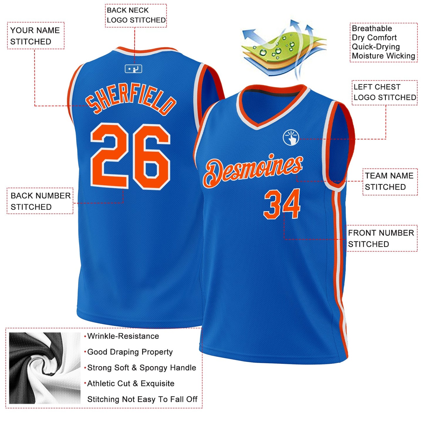 Custom Blue Orange-White Authentic Throwback Basketball Jersey view 3