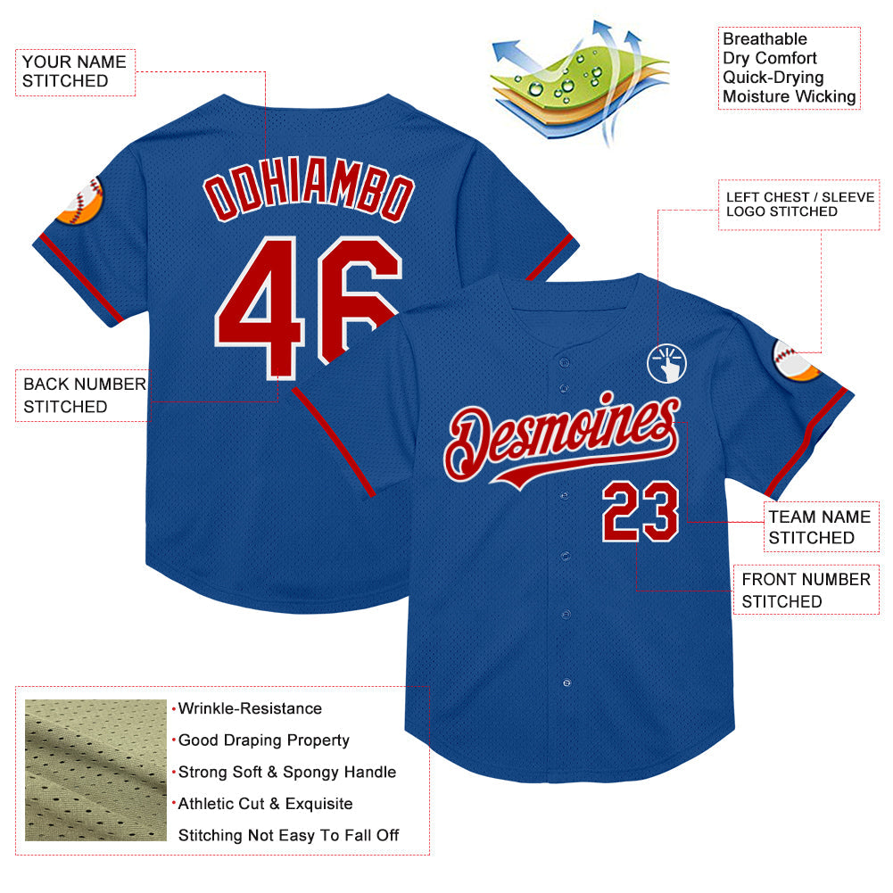 Custom Blue Red-White Mesh Authentic Throwback Baseball Jersey view 3