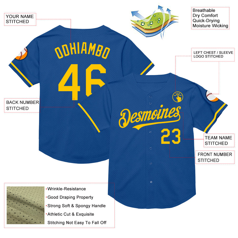 Custom Blue Yellow Mesh Authentic Throwback Baseball Jersey view 3