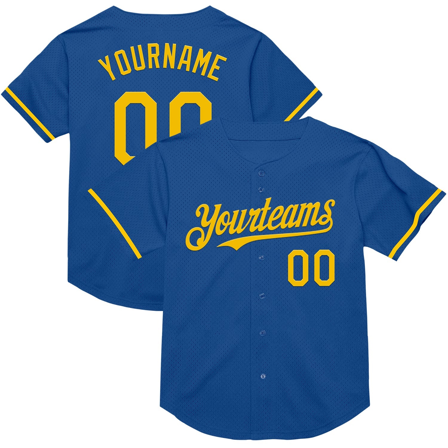 Custom Blue Yellow Mesh Authentic Throwback Baseball Jersey - Main View