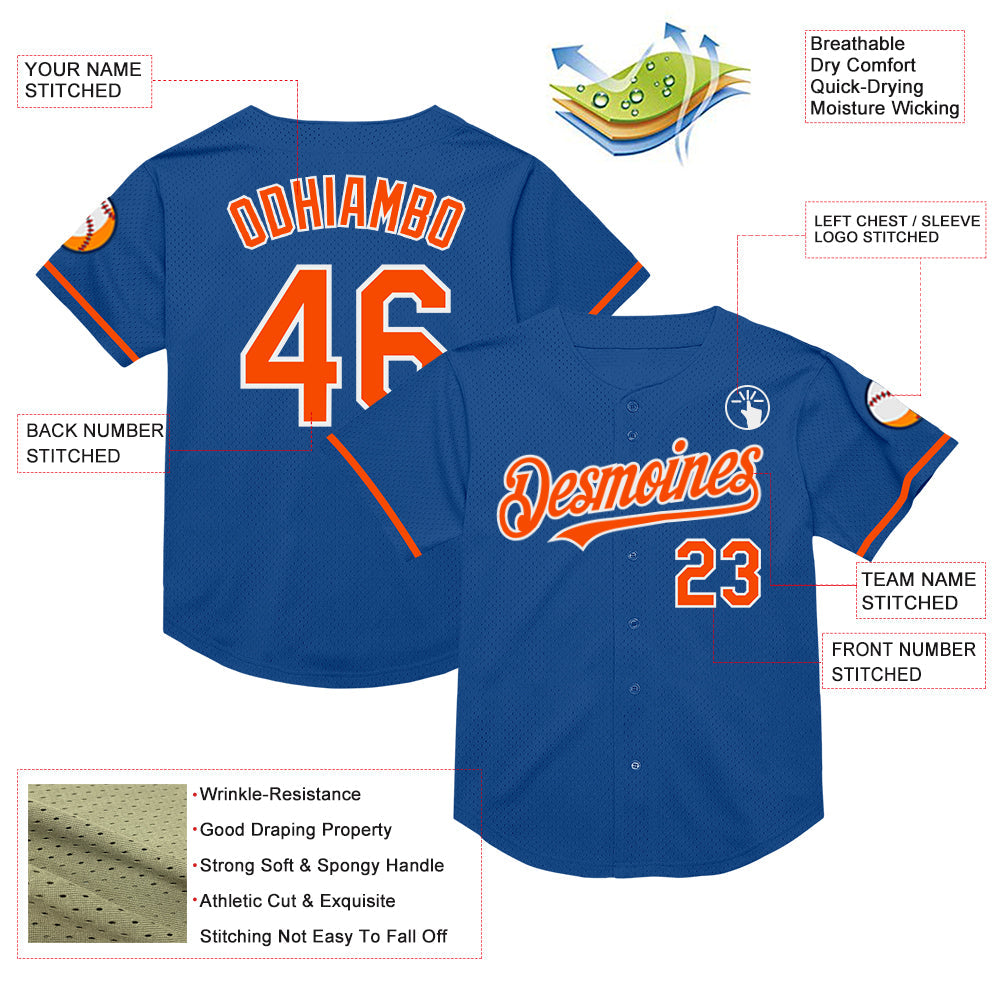 Custom Blue Orange-White Mesh Authentic Throwback Baseball Jersey view 3