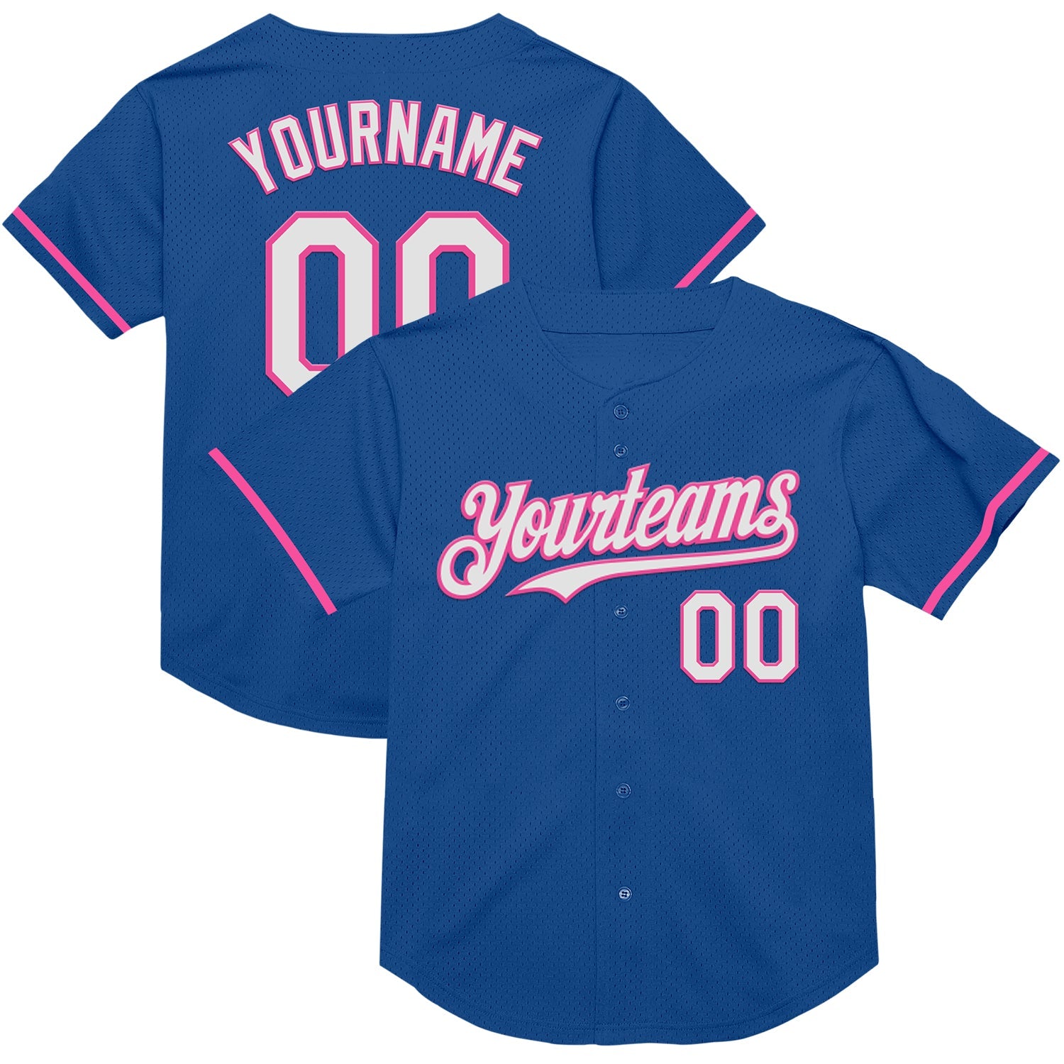 Custom Blue White-Pink Mesh Authentic Throwback Baseball Jersey - Main View