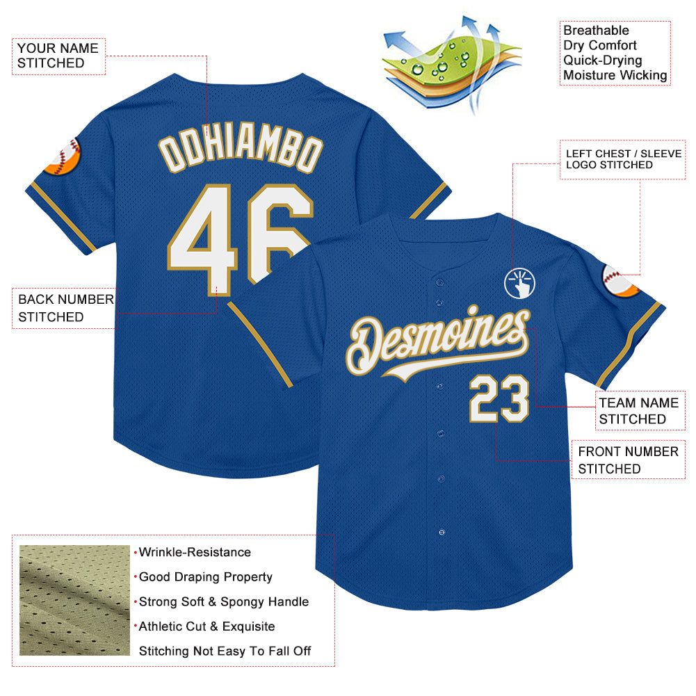 Custom Blue White-Old Gold Mesh Authentic Throwback Baseball Jersey view 3