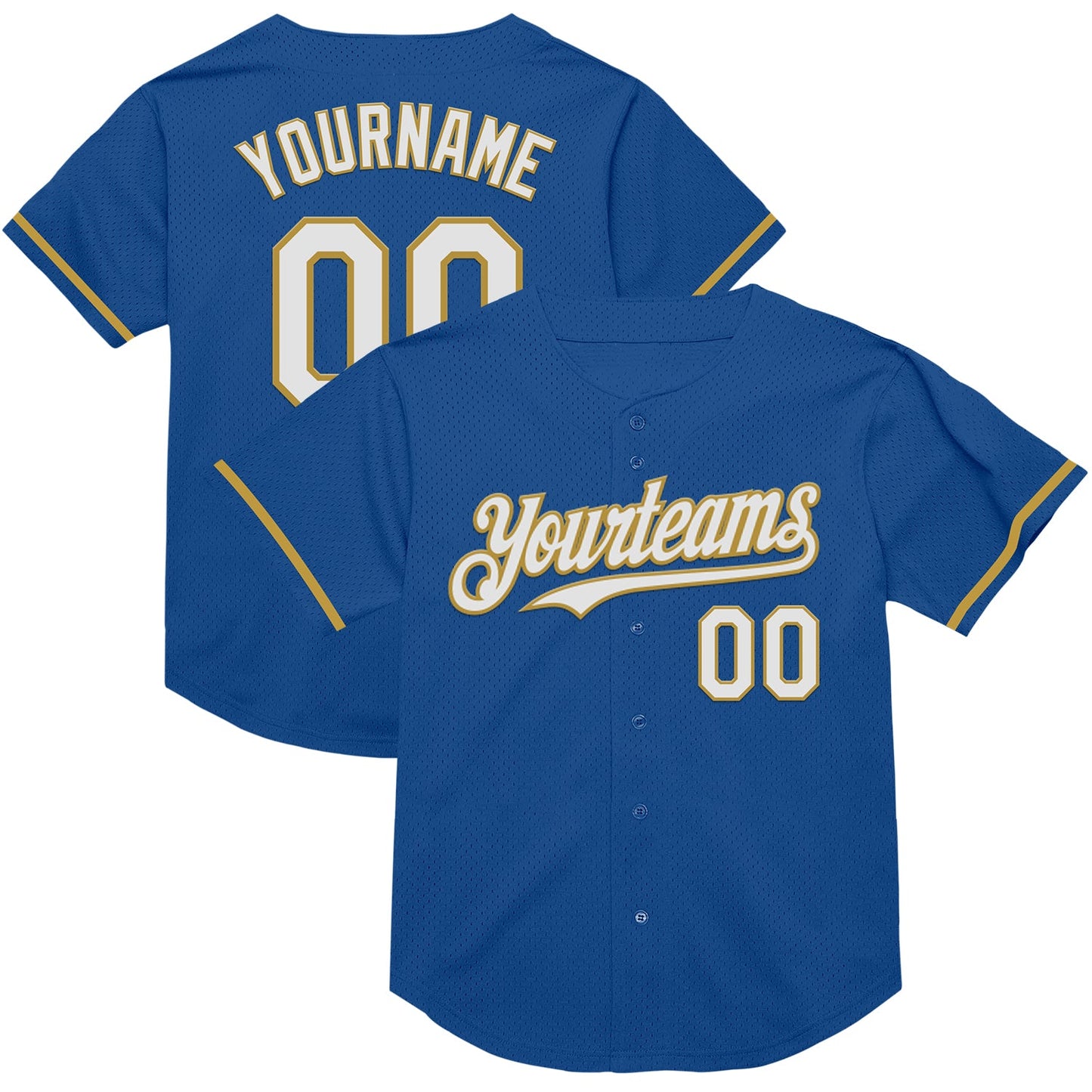 Custom Blue White-Old Gold Mesh Authentic Throwback Baseball Jersey - Main View