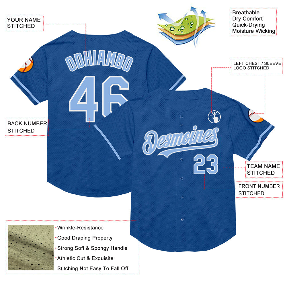 Custom Blue Light Blue-White Mesh Authentic Throwback Baseball Jersey view 3