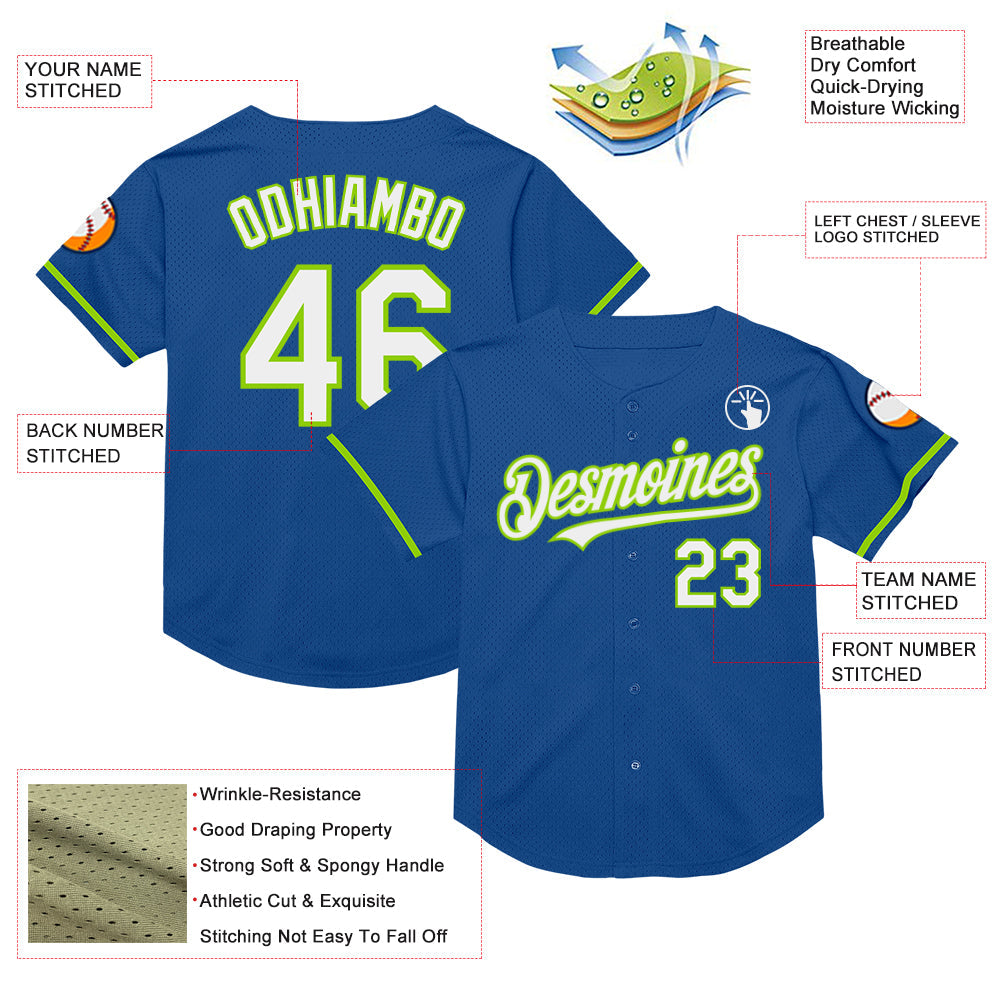 Custom Blue White-Neon Green Mesh Authentic Throwback Baseball Jersey view 3