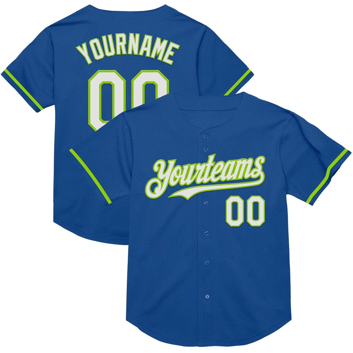 Custom Blue White-Neon Green Mesh Authentic Throwback Baseball Jersey - Main View