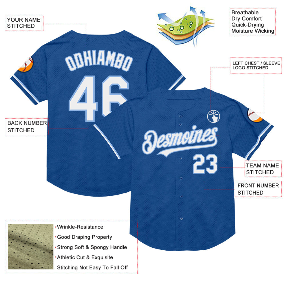 Custom Blue White-Light Blue Mesh Authentic Throwback Baseball Jersey view 3
