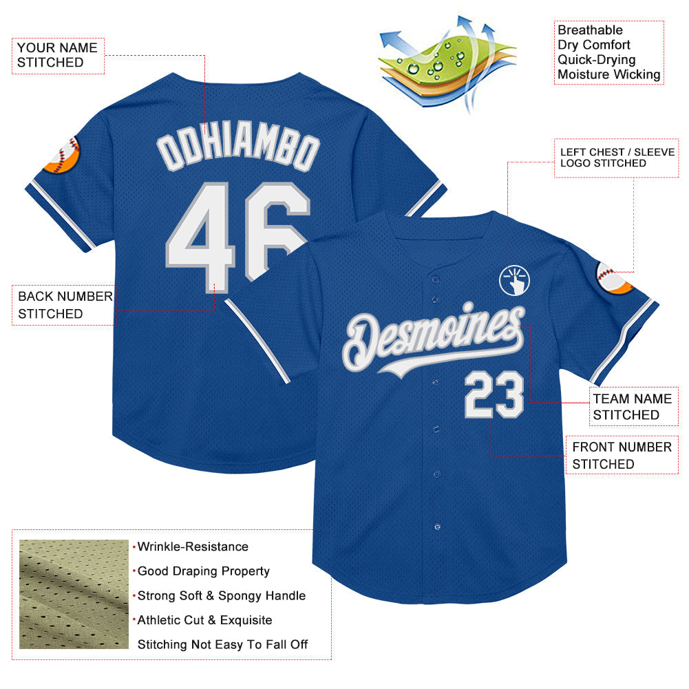 Custom Blue White-Gray Mesh Authentic Throwback Baseball Jersey view 3