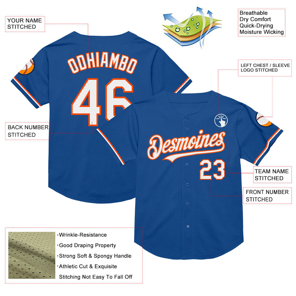Custom Blue White-Orange Mesh Authentic Throwback Baseball Jersey view 3
