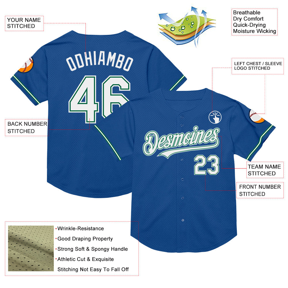 Custom Blue White-Kelly Green Mesh Authentic Throwback Baseball Jersey view 3