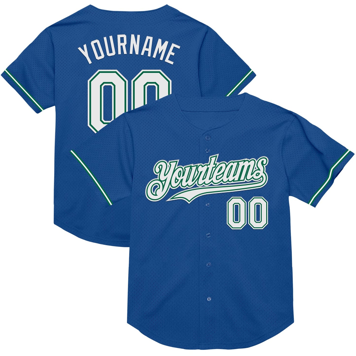 Custom Blue White-Kelly Green Mesh Authentic Throwback Baseball Jersey - Main View