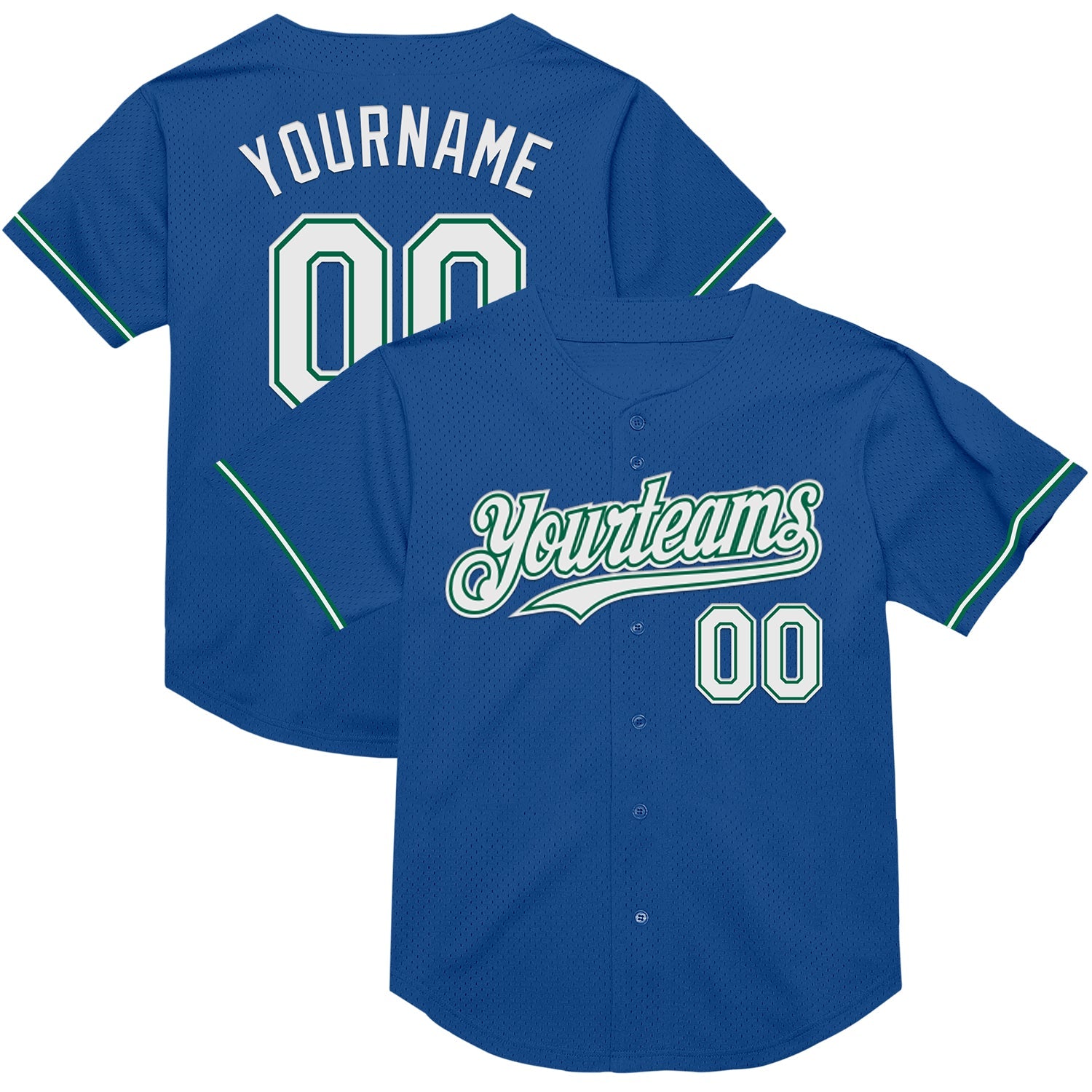Custom Blue White-Kelly Green Mesh Authentic Throwback Baseball Jersey - Main View