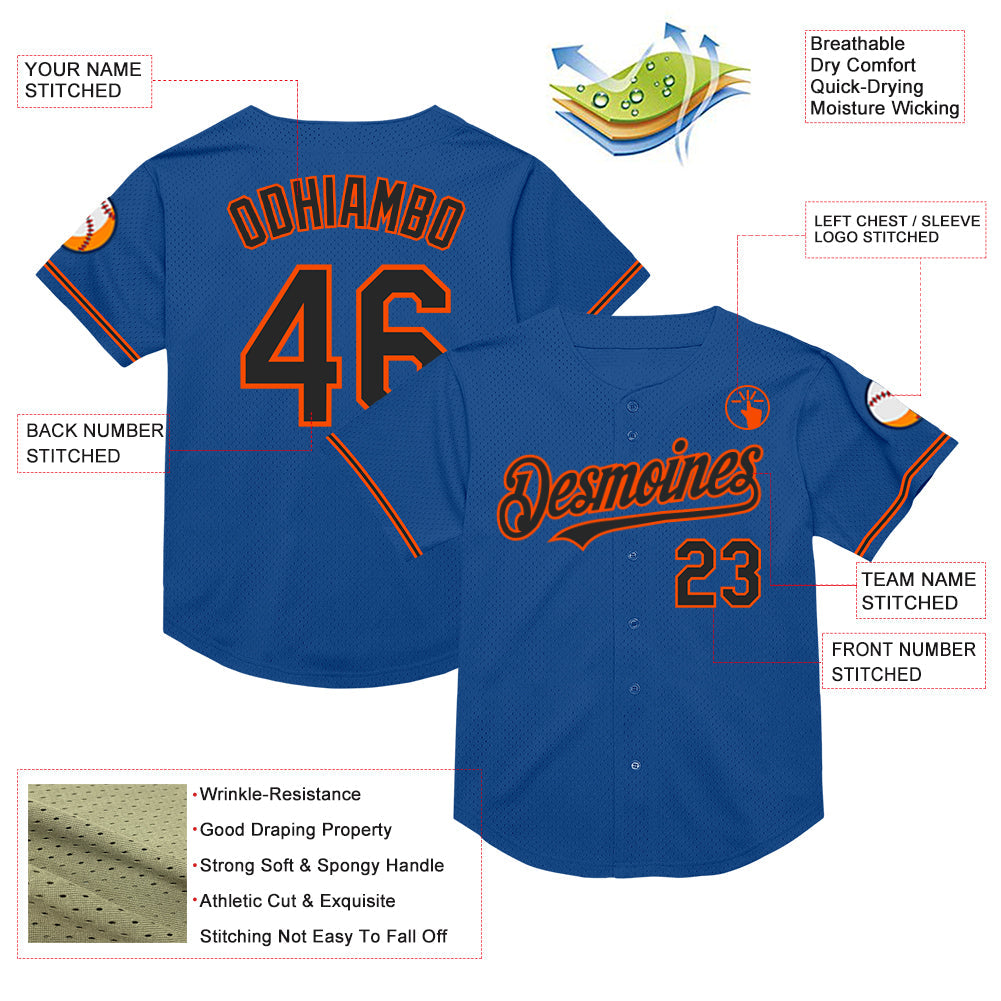 Custom Blue Black-Orange Mesh Authentic Throwback Baseball Jersey view 3