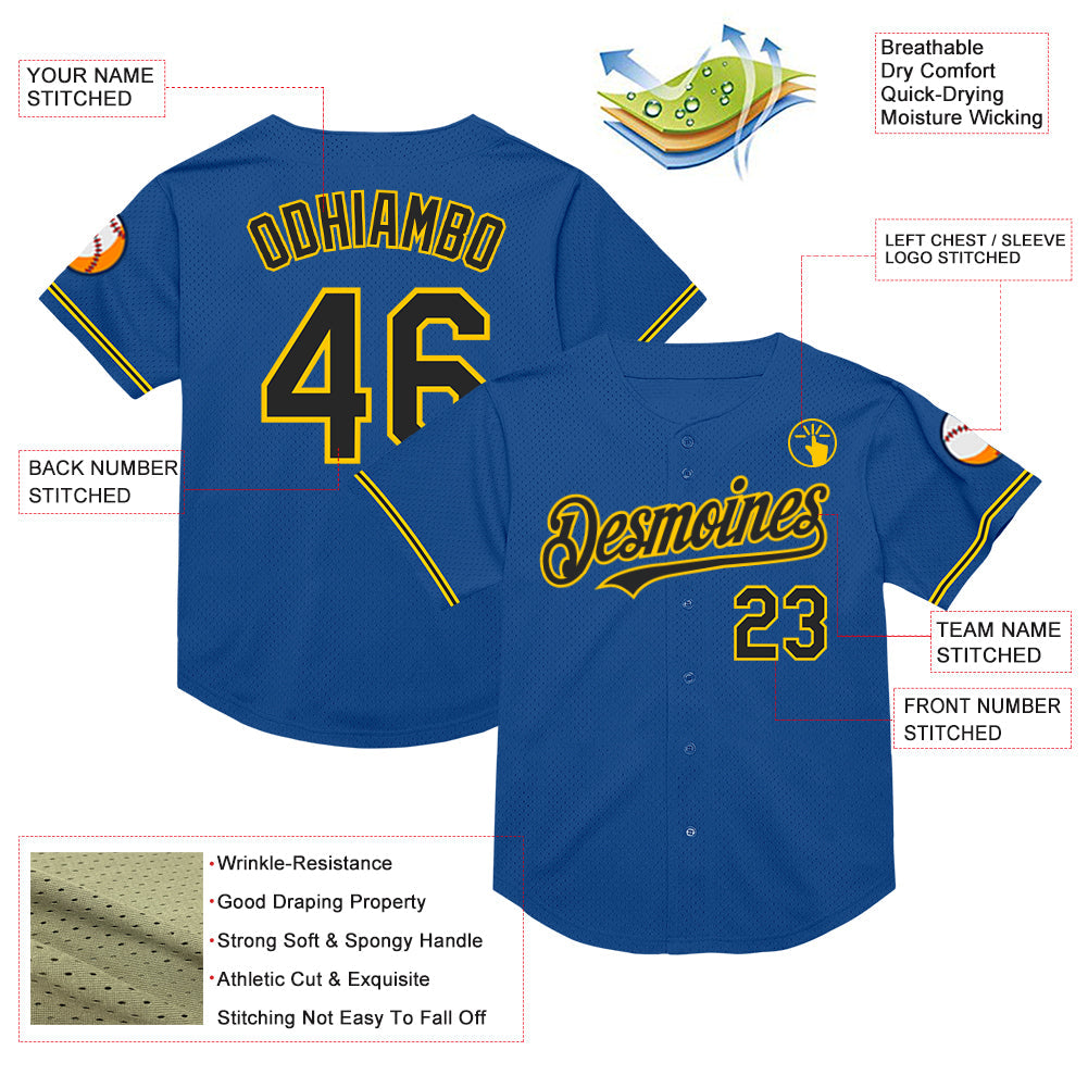 Custom Blue Black-Yellow Mesh Authentic Throwback Baseball Jersey view 3