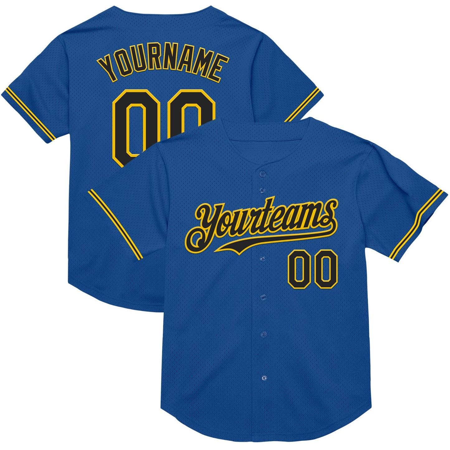 Custom Blue Black-Yellow Mesh Authentic Throwback Baseball Jersey - Main View