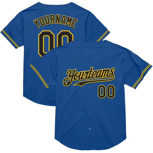 Custom Blue Black-Yellow Mesh Authentic Throwback Baseball Jersey - Main View