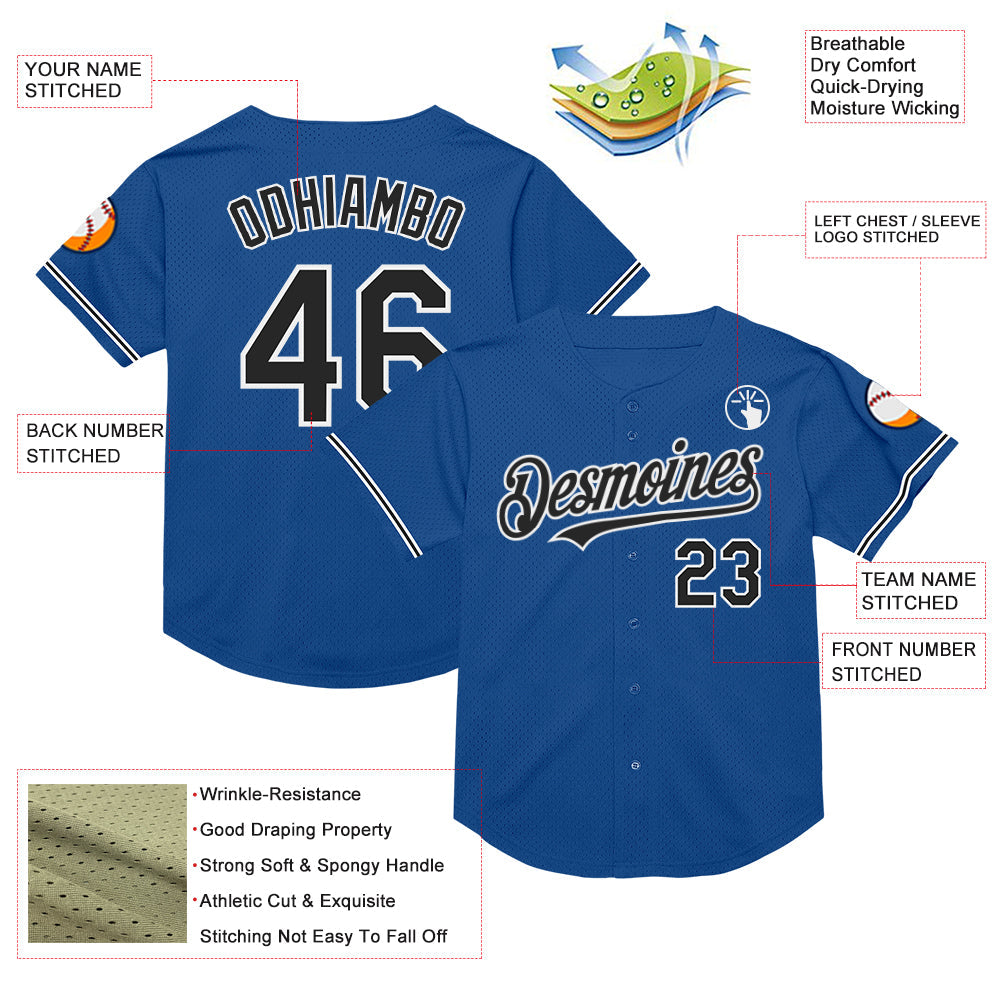 Custom Blue Black-White Mesh Authentic Throwback Baseball Jersey view 3