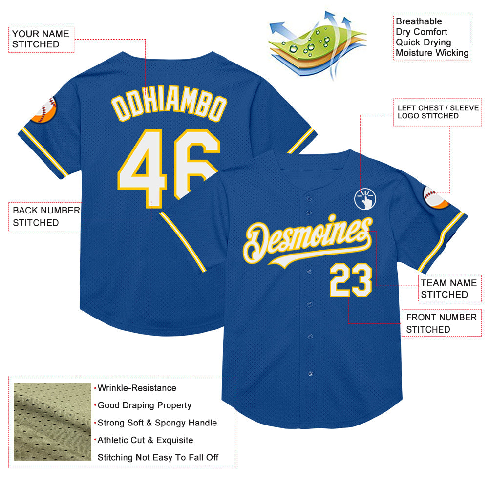 Custom Blue White-Yellow Mesh Authentic Throwback Baseball Jersey view 3