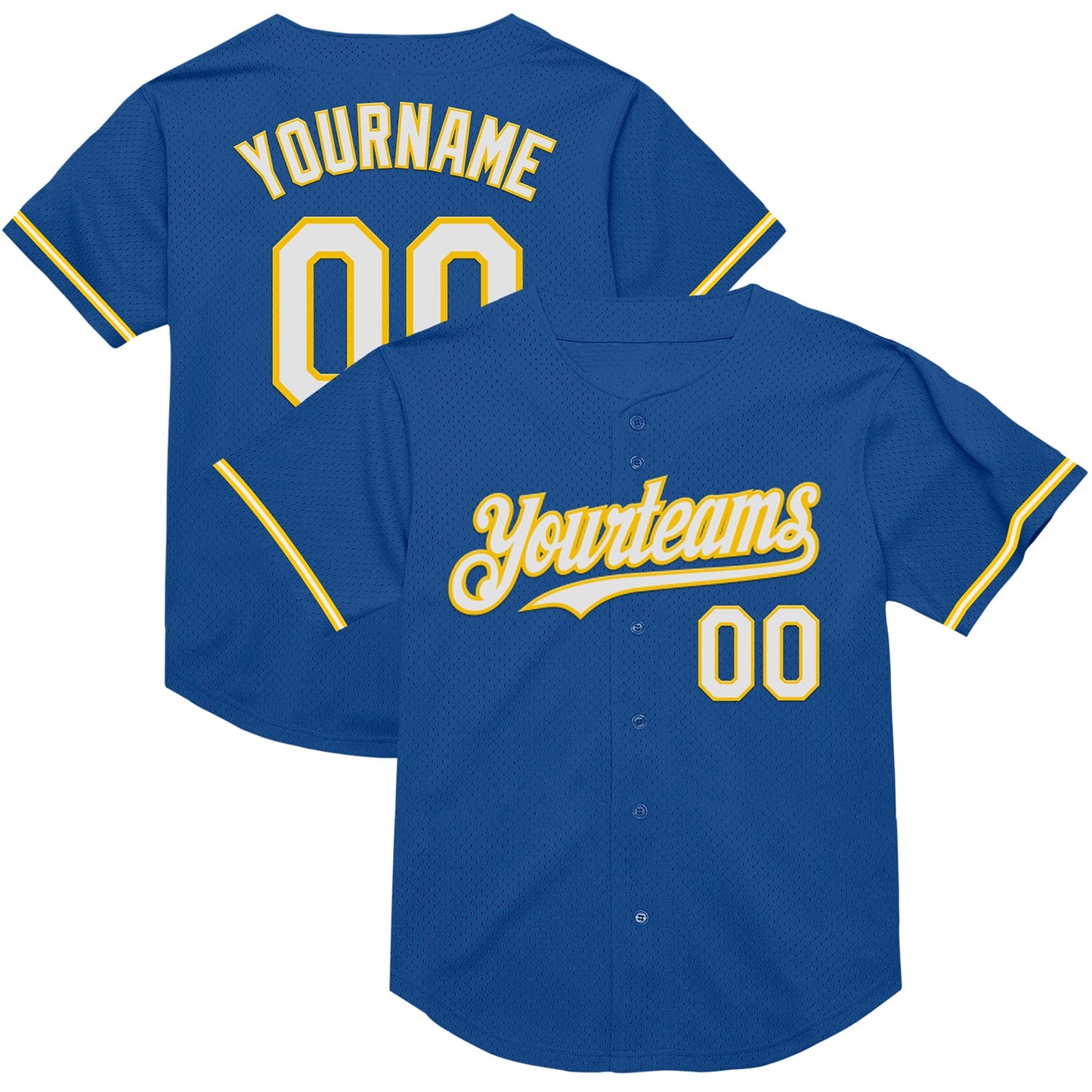 Custom Blue White-Yellow Mesh Authentic Throwback Baseball Jersey - Main View