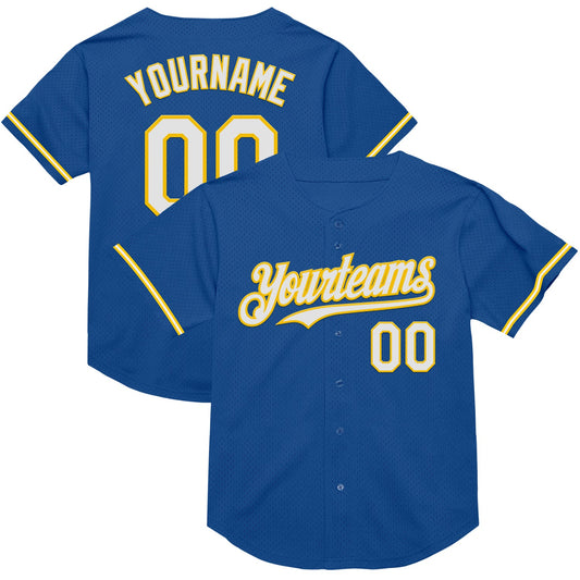 Custom Blue White-Yellow Mesh Authentic Throwback Baseball Jersey - Main View
