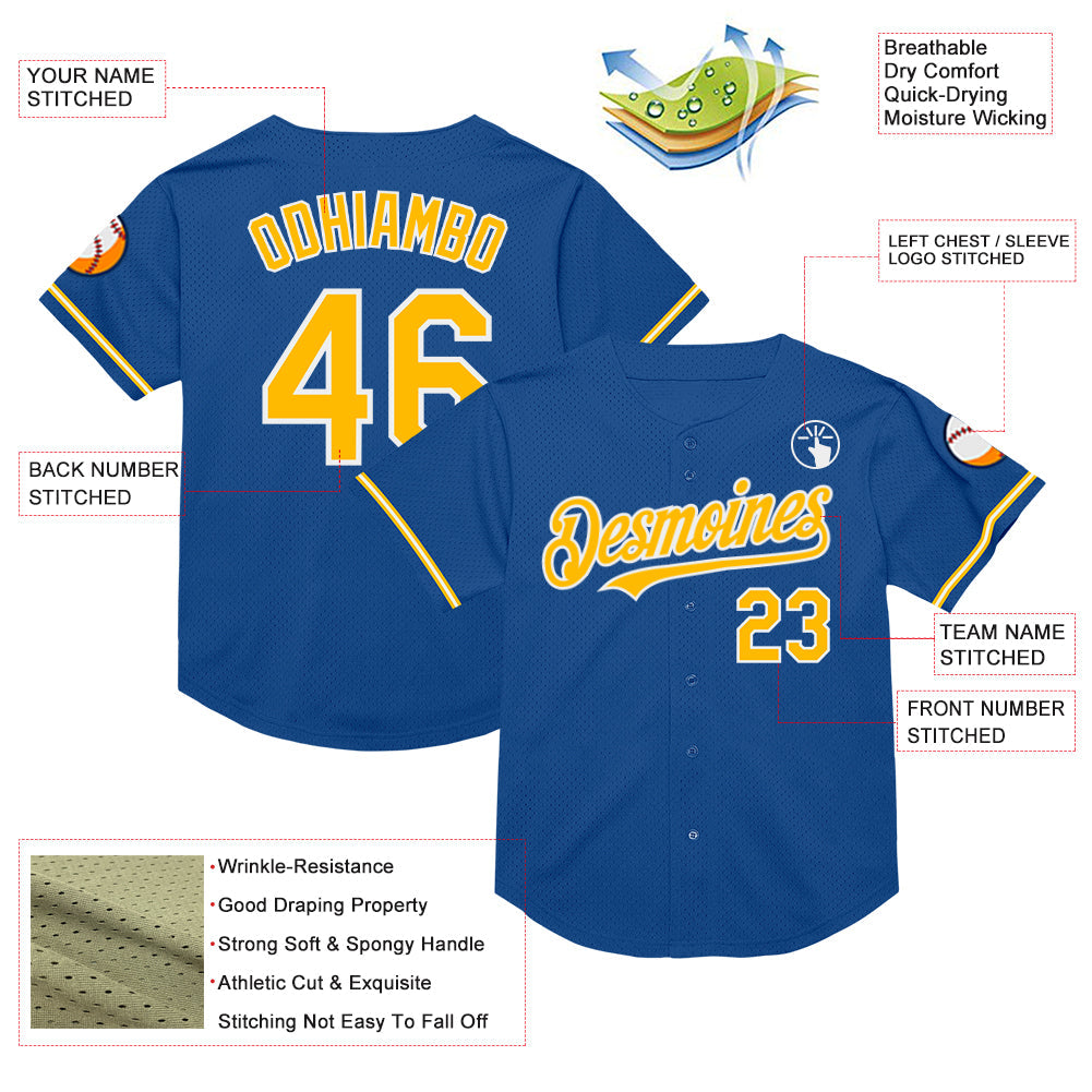 Custom Blue Gold-White Mesh Authentic Throwback Baseball Jersey view 3