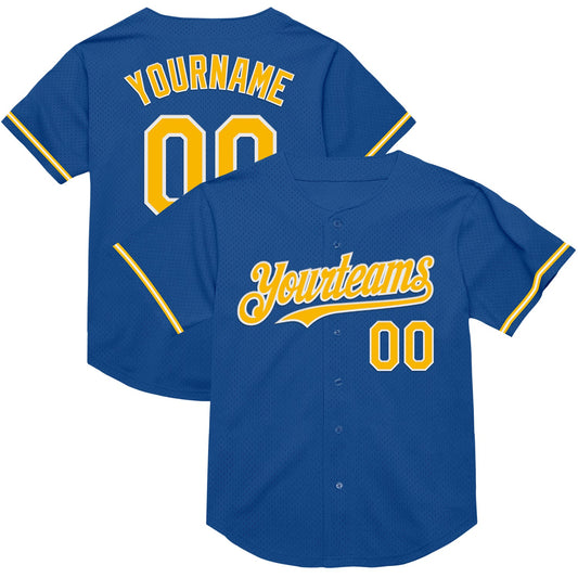 Custom Blue Gold-White Mesh Authentic Throwback Baseball Jersey - Main View