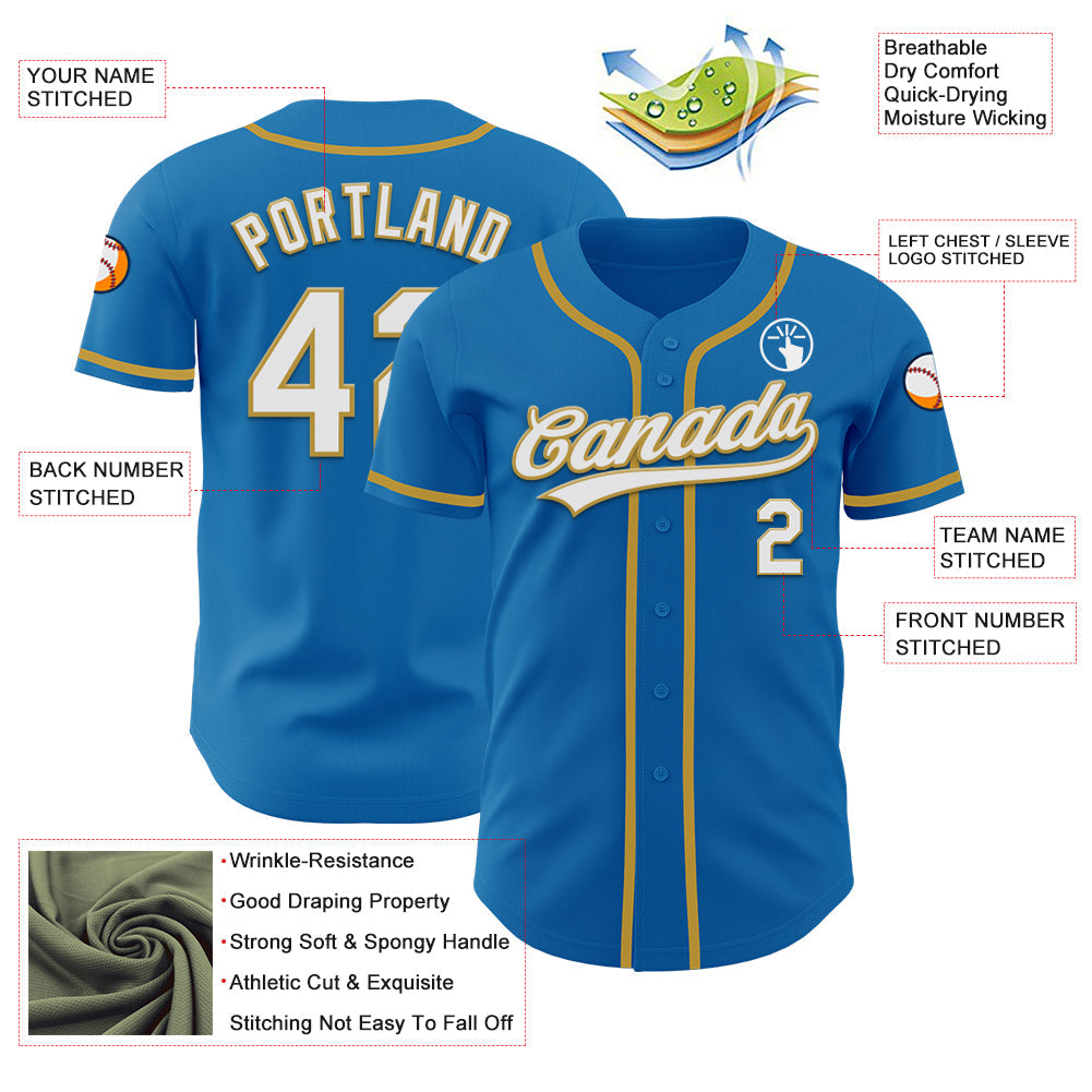 Custom Blue White-Old Gold Authentic Baseball Jersey view 3